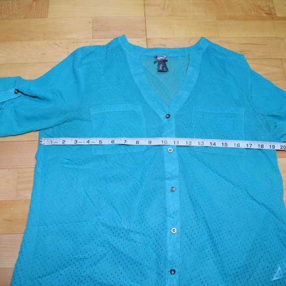 VANITY Women's Sz M Teal Chiffon BLOUSE - Picture 2 of 5
